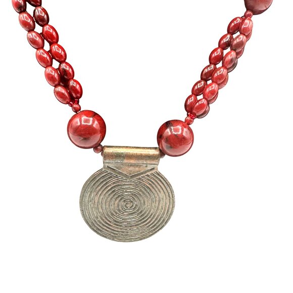 Handcrafted Red Beaded Necklace With Circular Copper Pendant & Adjustable Chain - Picture 2 of 4